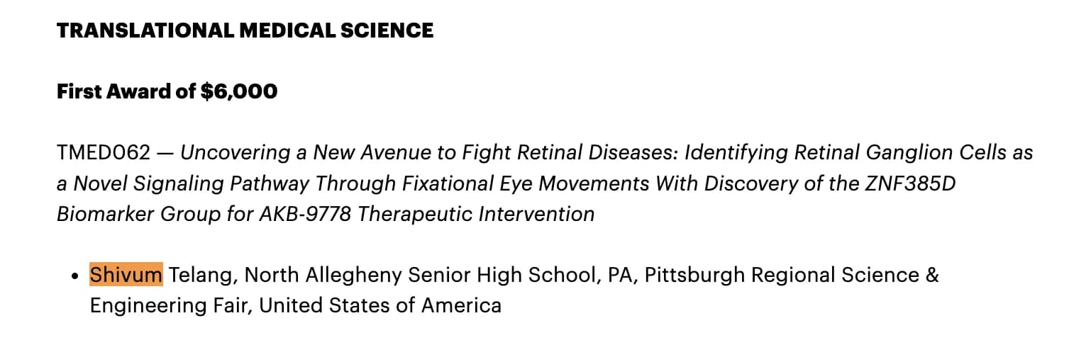Official Regeneron ISEF award listing for Shivum Telang